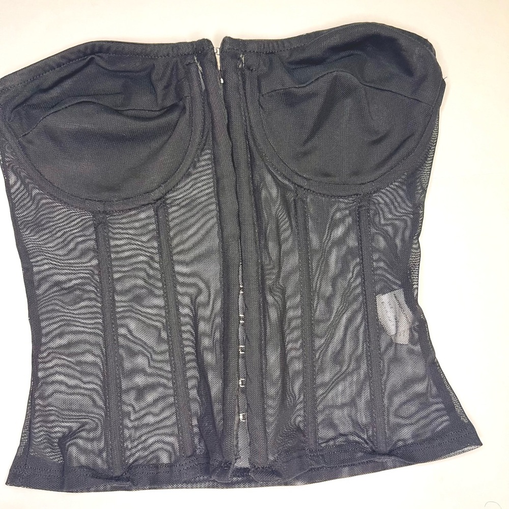 PrettyLittleThing Sheer Mesh Black Ribbed Corset Bustier - Strapless Baddie Goth
